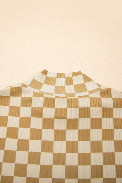 Khaki Check Pattern Turtleneck Ribbed Slim Long Sleeve Tee