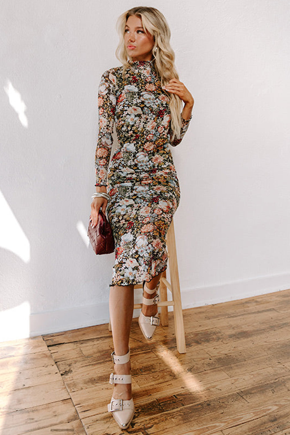 Brown Floral Allover Print Mock Neck Bodycon Midi Dress