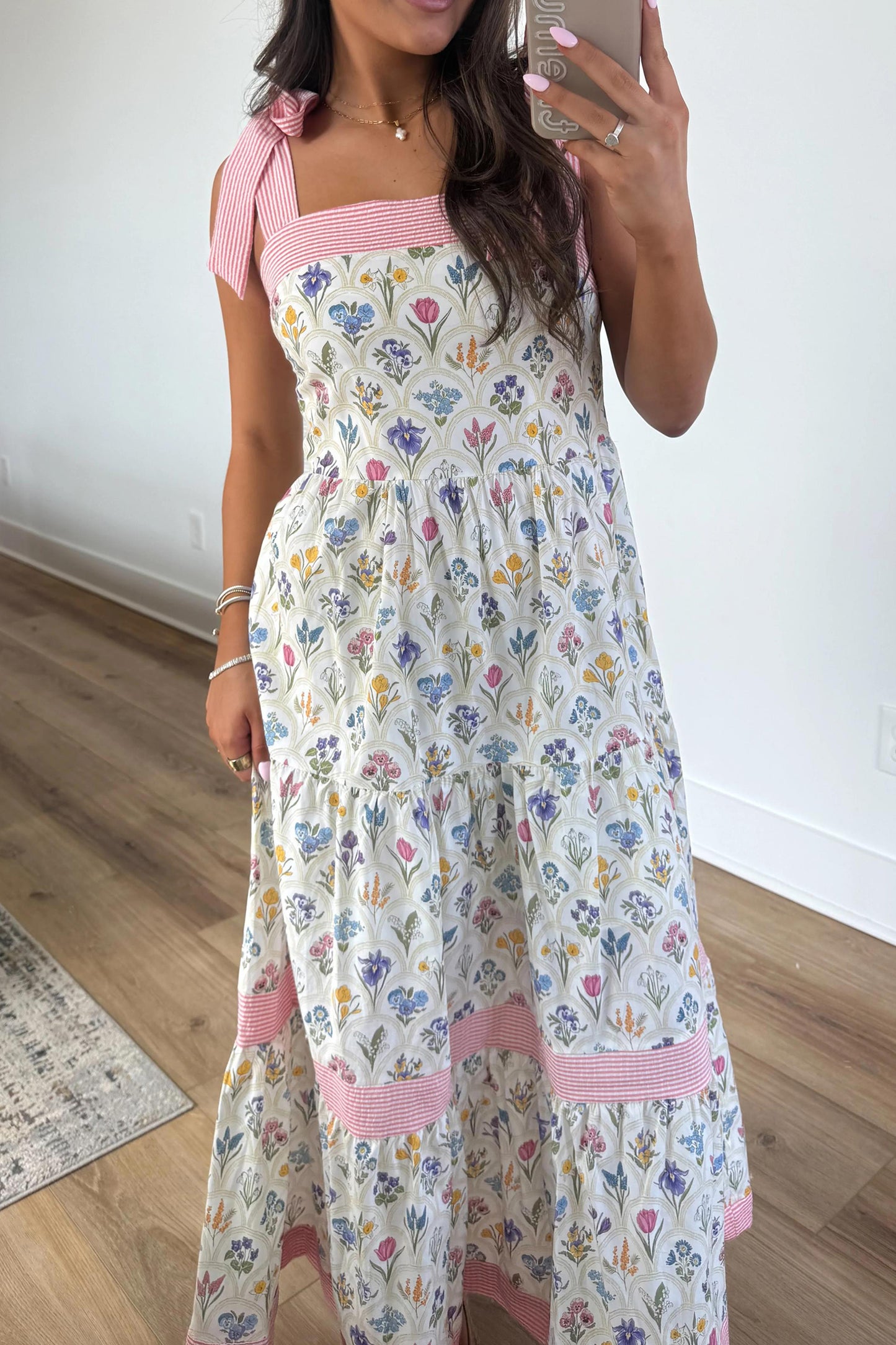 Multicolour Floral Print Striped Detail Knot Straps Maxi Dress