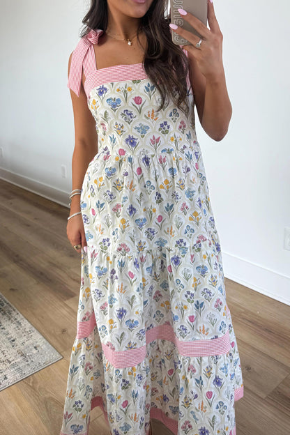 Multicolour Floral Print Striped Detail Knot Straps Maxi Dress