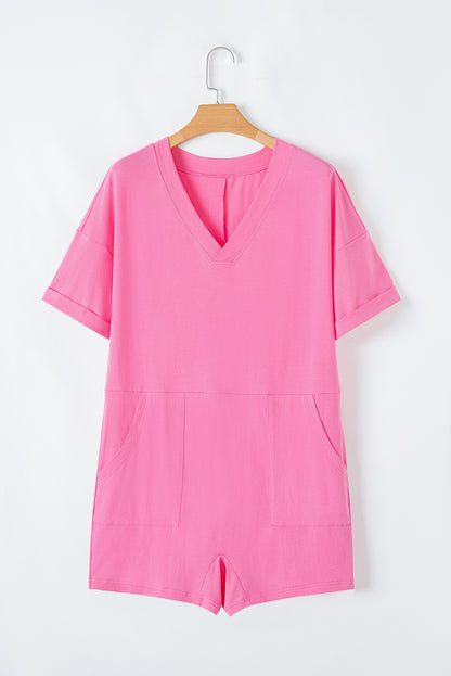 Myosotis Loose Half Sleeve V Neck Plain Romper