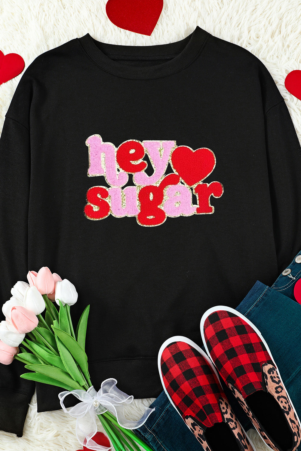 Black Chenille Heart hey sugar Patched Pattern Valentines Pullover Sweatshirt