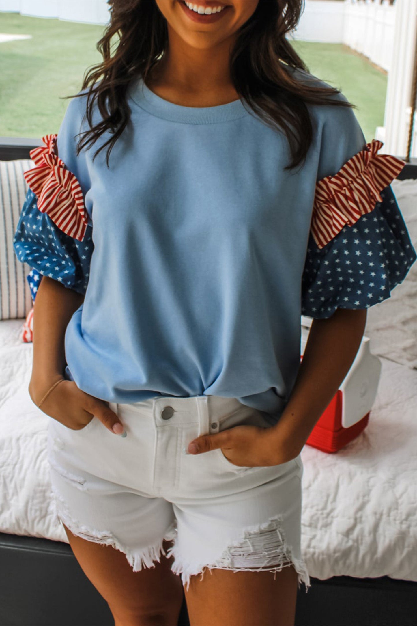 Fiery Red Stars Stripes Short Puff Sleeve Top