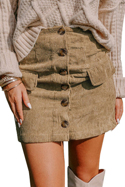 Camel Corduroy Buttoned Front Faux Pockets Mini Skirt