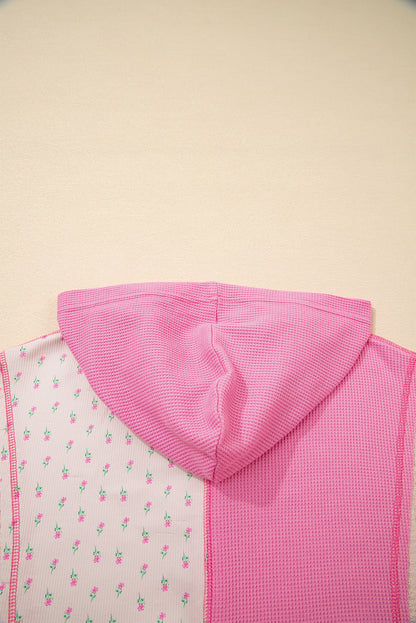Pink Mixed Texture Waffle Floral Patchwork Hooded Oversized Pullover Top