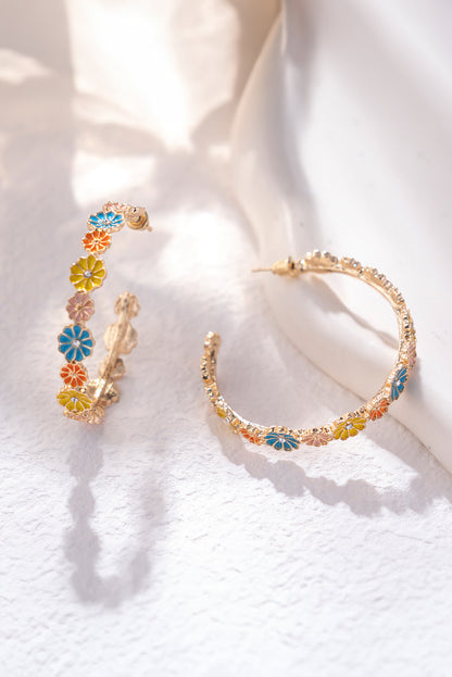 Gold Rhinestone Daisy Flowers Hoop Earrings