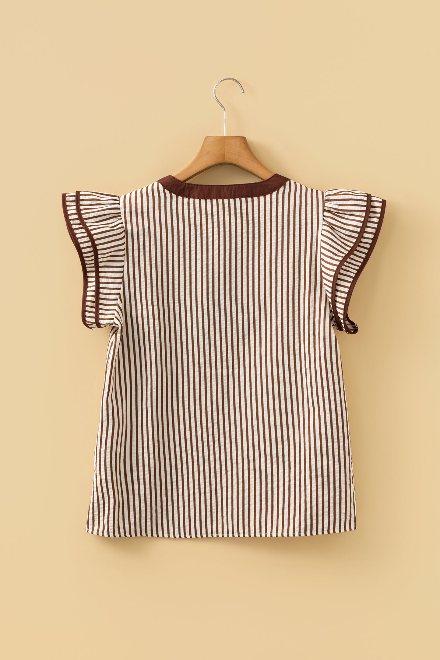 Black Stripe Double Ruffled Short Sleeve V Neck Blouse