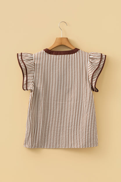 Black Stripe Double Ruffled Short Sleeve V Neck Blouse