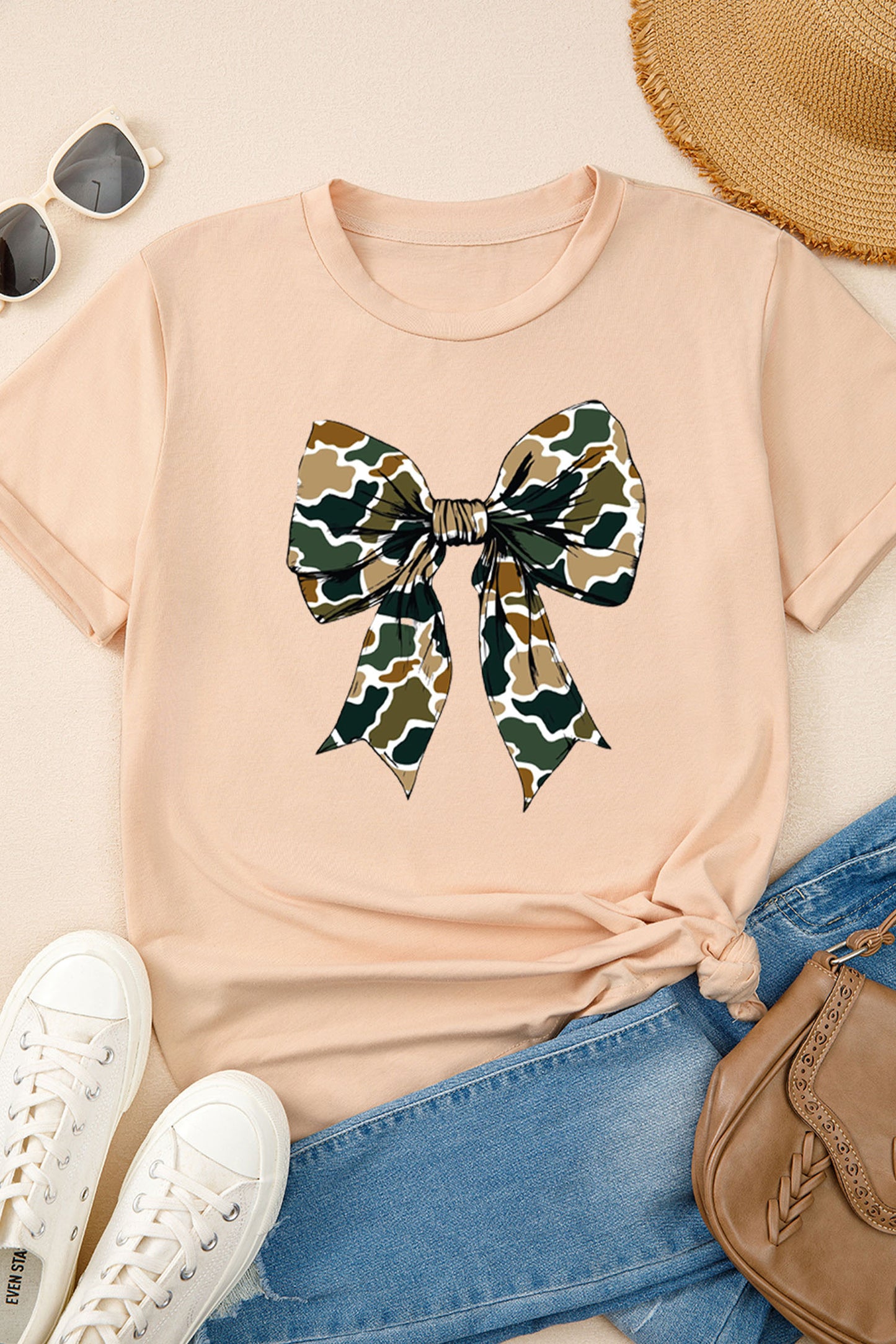 Khaki Camouflage Big Bow Print Womens Casual Tee
