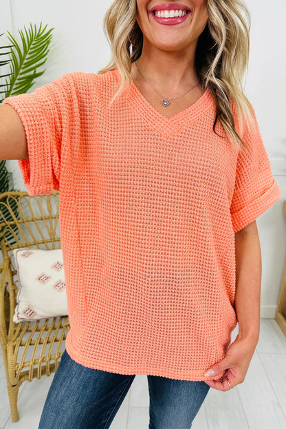 Clearly Aqua Waffle V Neck Short Sleeve Knit Top