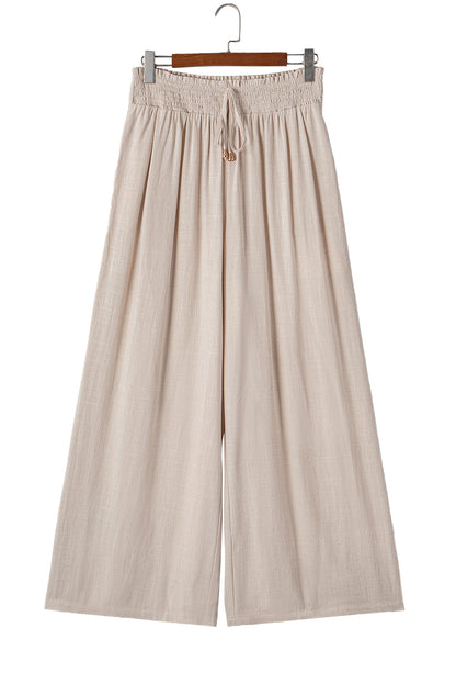 Beige Frill Smocked Waist Wide Leg Plus Size Pants