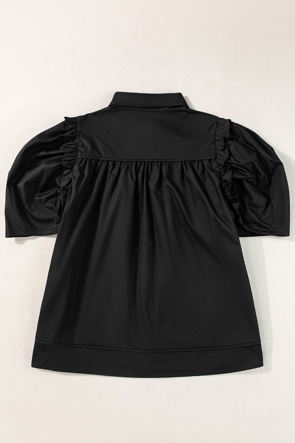 Black Ruched Puff Sleeve Loose Buttoned Up Blouse