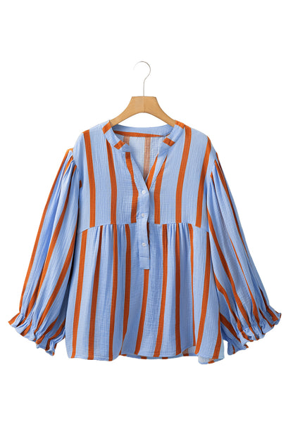 Orange Stripe Crinkle Ruffle Sleeve Loose Top