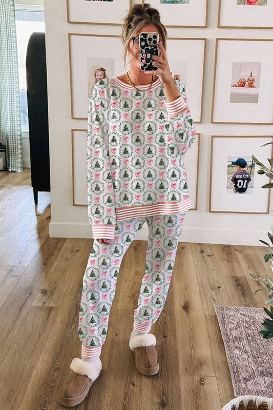 Green Bow Christmas Tree Print Contrast Striped Trim 2pcs Lounge Set