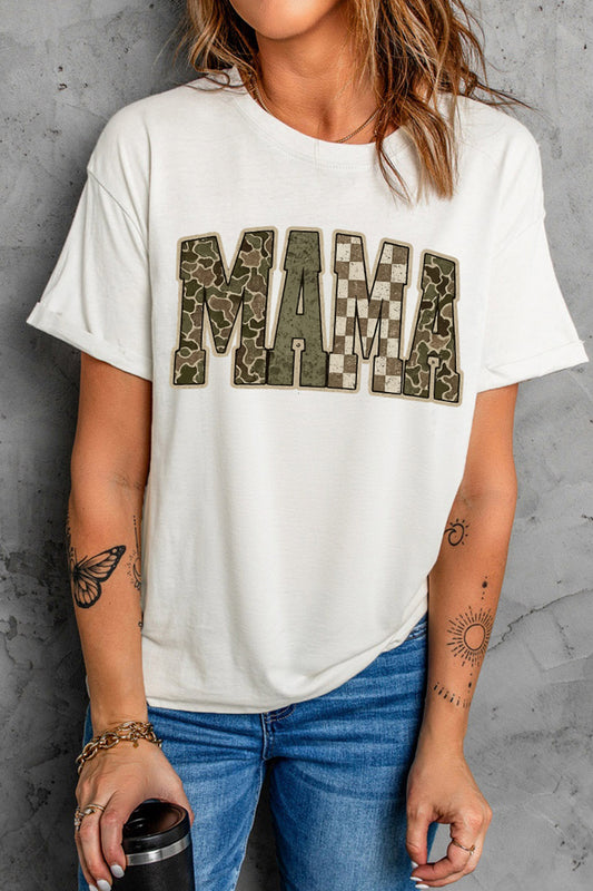 White MAMA Mixed Pattern Lettering T Shirt