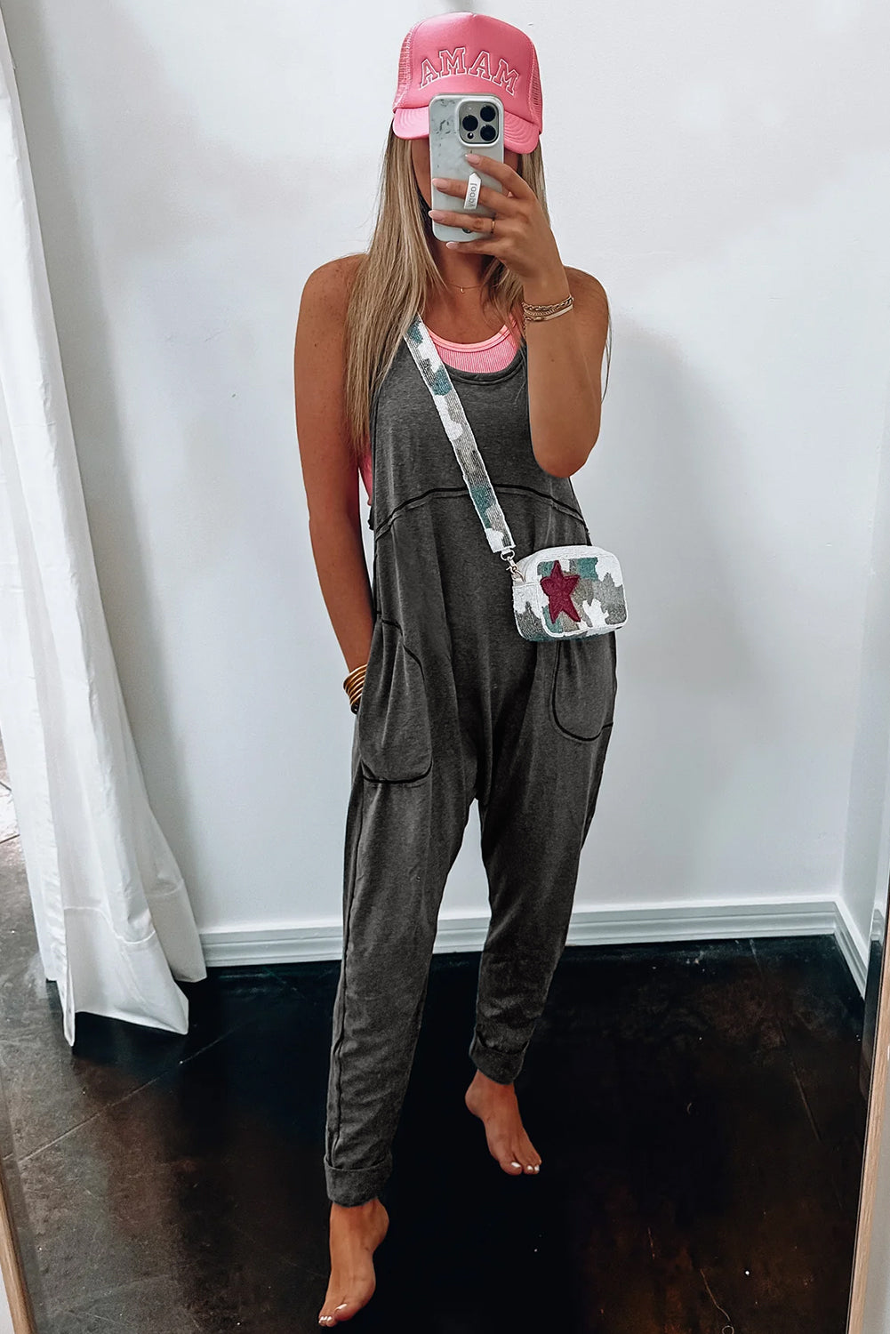 Dark Grey Pockets Exposed Seam Jumpsuit