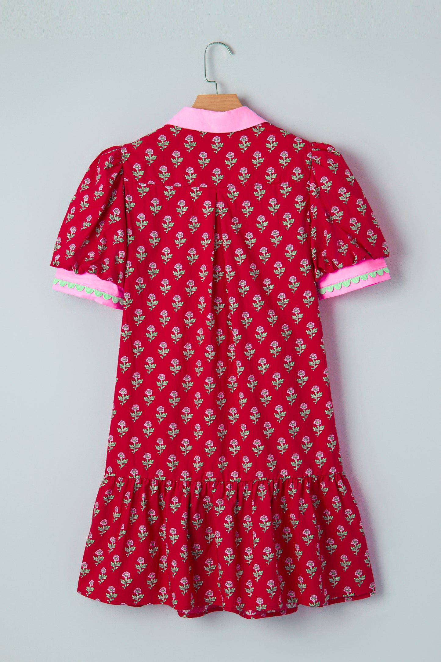 Red Floral Print Contrasted V Neck Short Bubble Sleeve Mini Dress