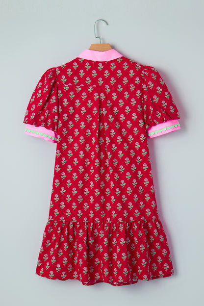 Red Floral Print Contrasted V Neck Short Bubble Sleeve Mini Dress