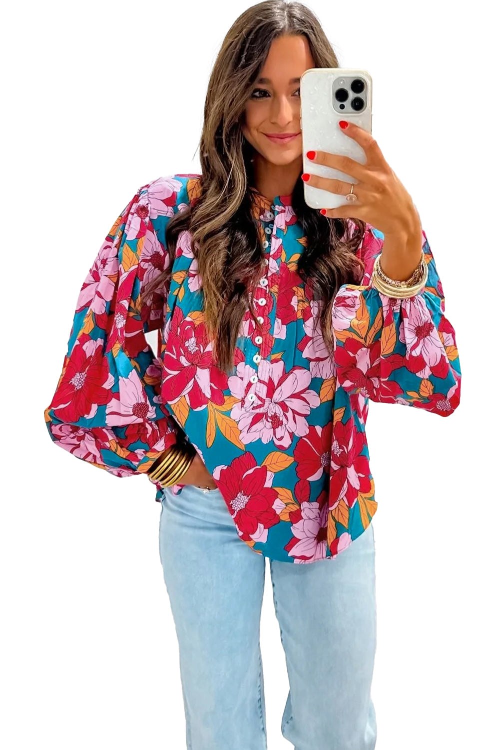 Red Floral Print Balloon Sleeve Half Buttons Blouse