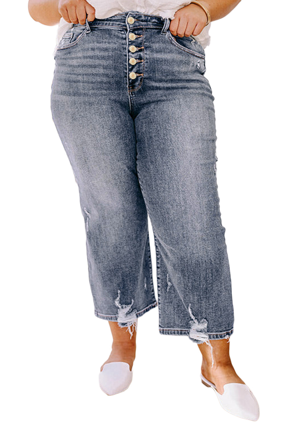 Medium Grey Plus Size Button Fly High Waist Ripped Straight Leg Jeans