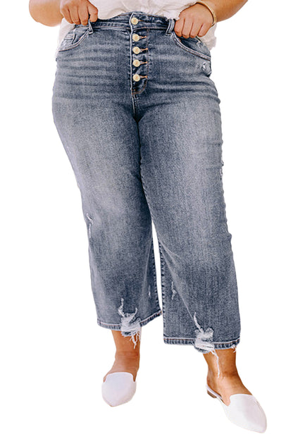 Medium Grey Plus Size Button Fly High Waist Ripped Straight Leg Jeans