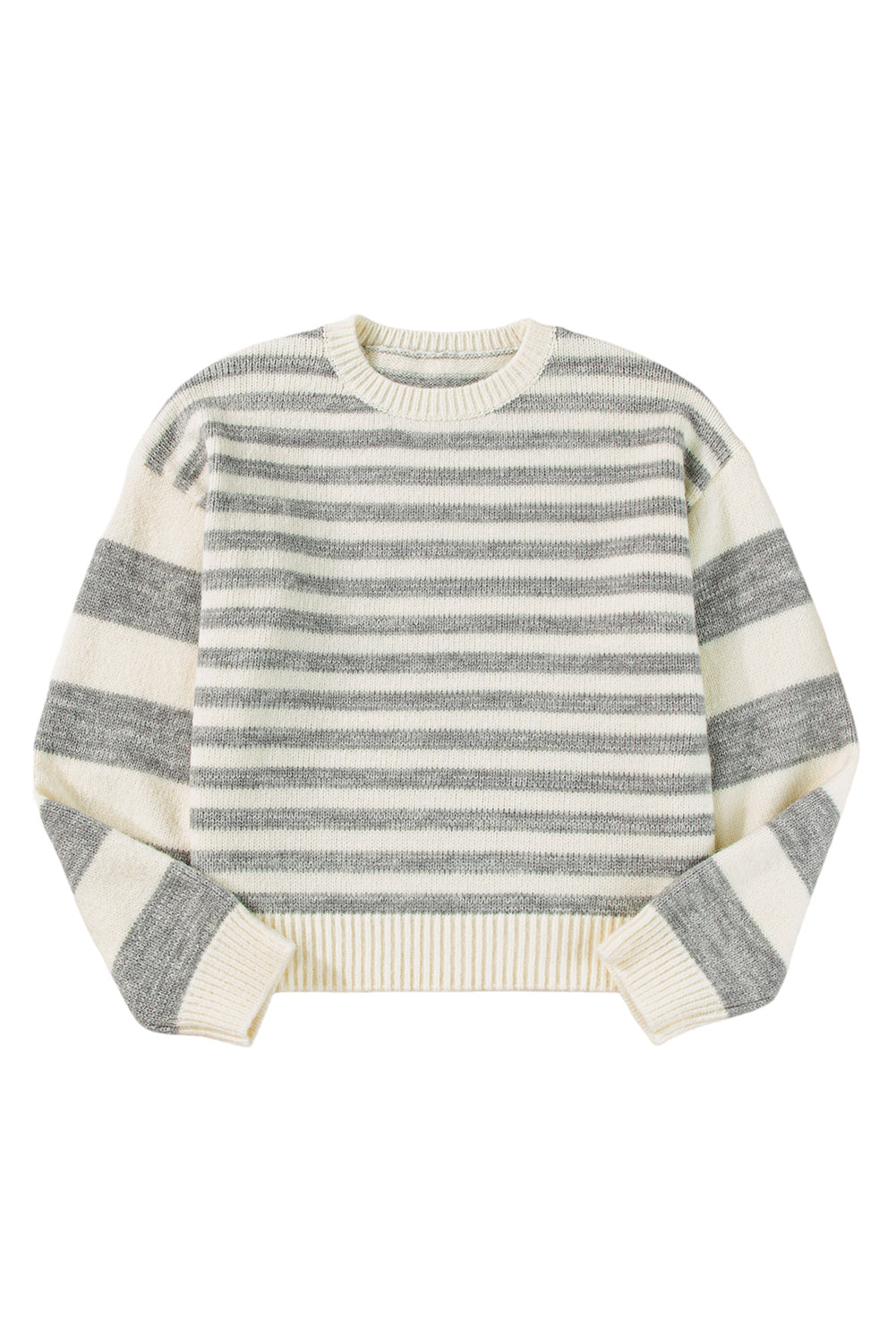 Gray Stripe Drop Shoulder Crew Neck Sweater