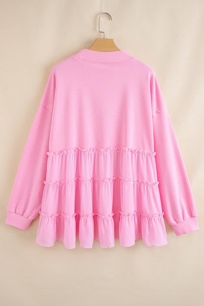 Pink Frill Tiered Patchwork Ribbed Trim Flowy Plus Size Top