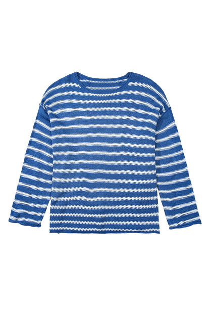 Sky Blue Striped Drop Shoulder Plus Size Sweater