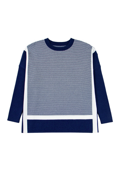 Blue Striped Colorblock Patchwork Dolman Oversize Tunic Sweater