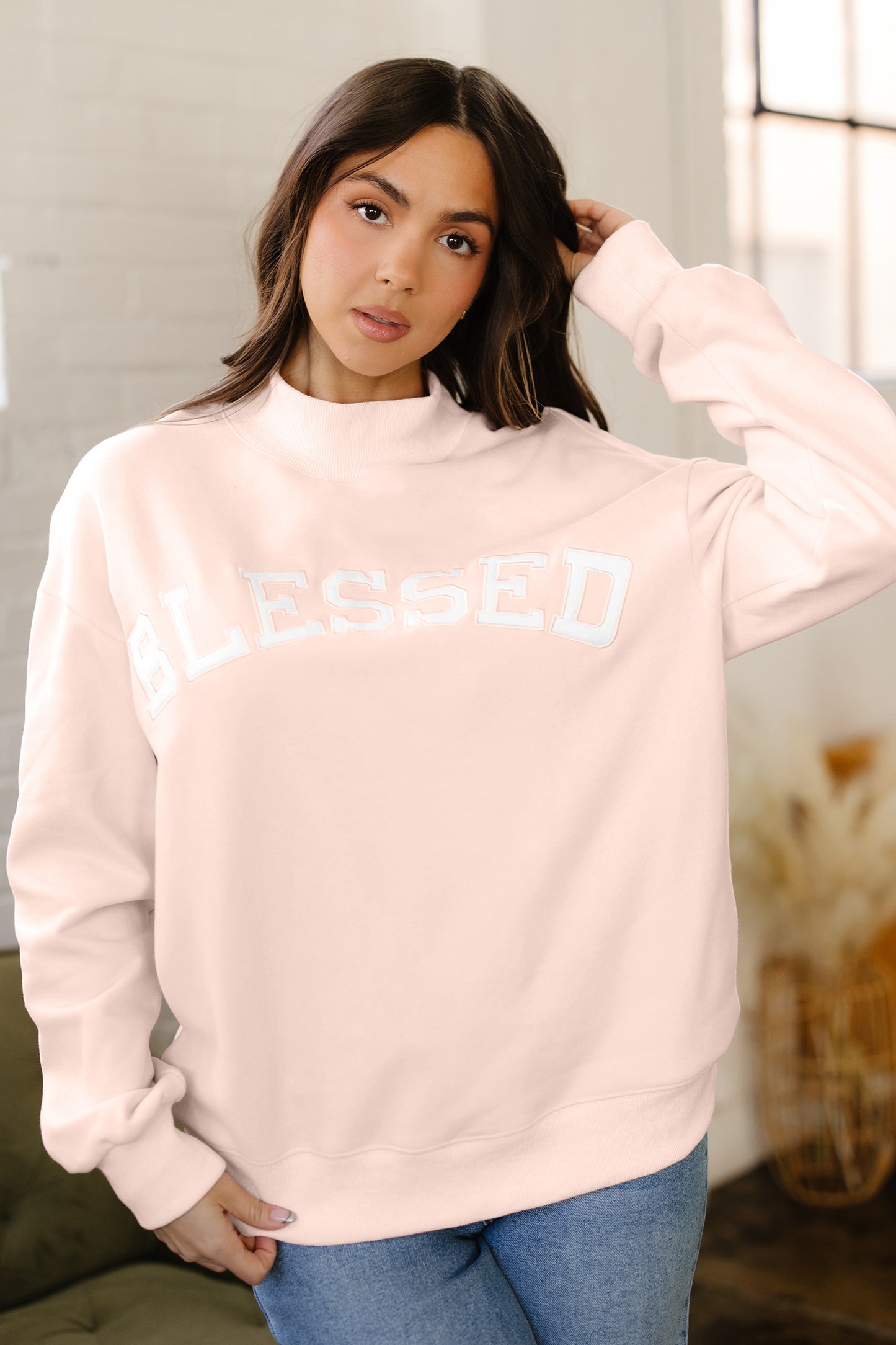 Bright Pink Oversize Blessed Embroidered Mock Neck Sweatshirt