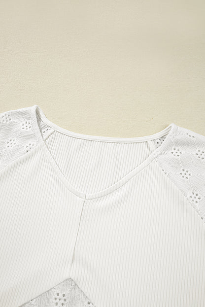 White Twisted Rib Patchwork Floral Embroidered Loose Long Sleeve Top