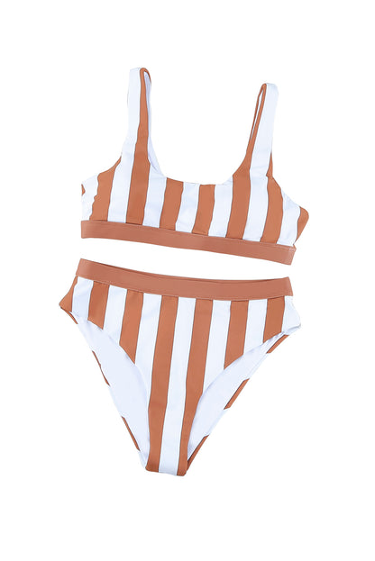 Brown Striped Colorblock Bikini Swimsuit