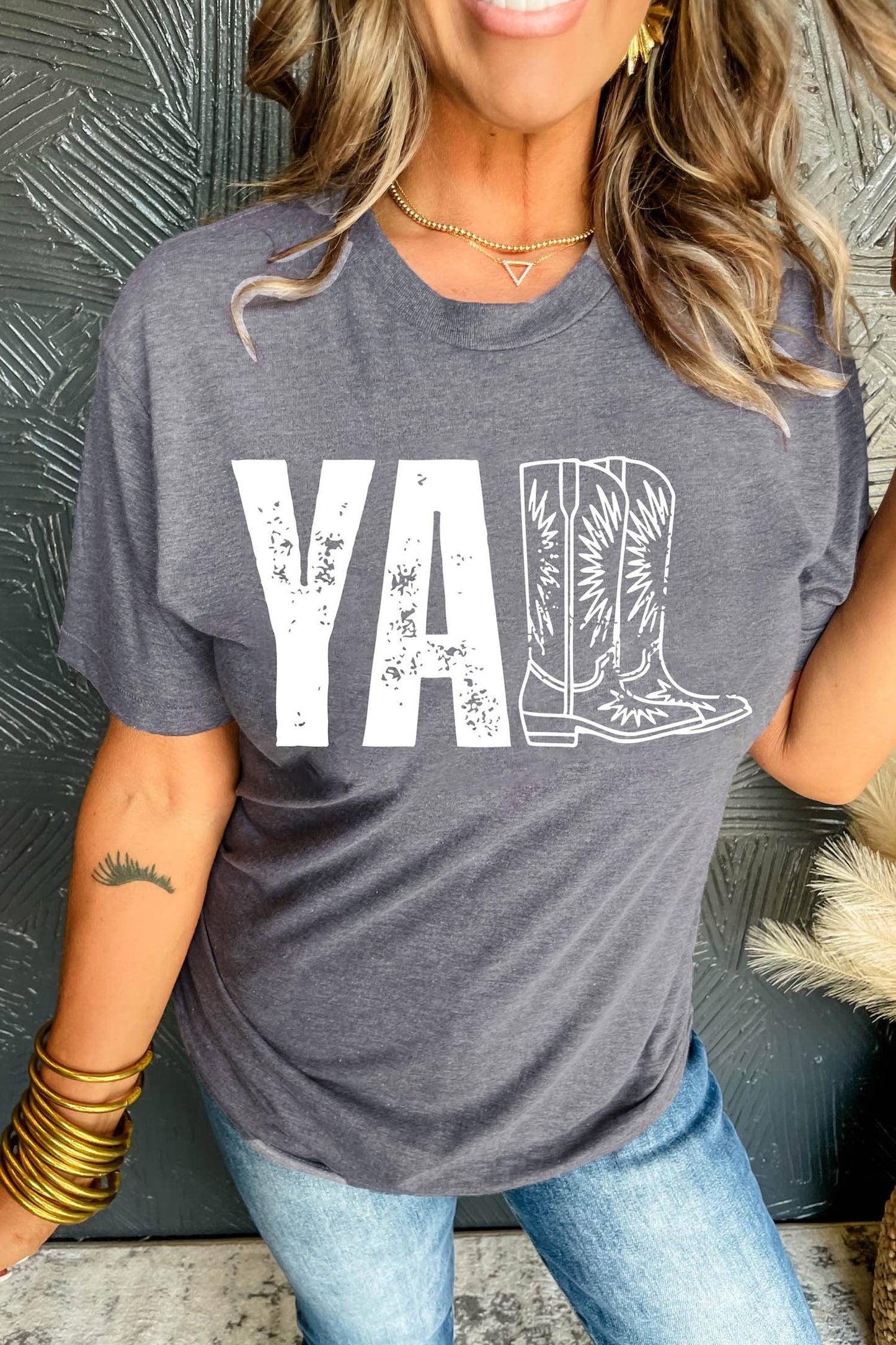 Gray Western YALL Boots Print Round Neck Casual T Shirt