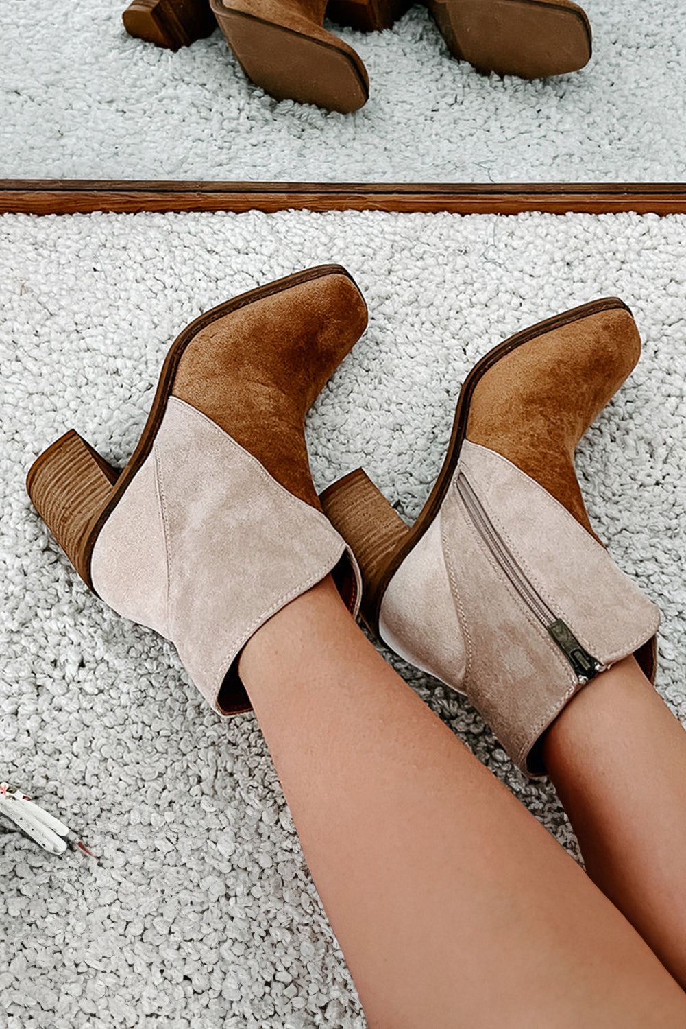 Camel Two Tone Faux Suede Square Toe Chunky Heel Boots