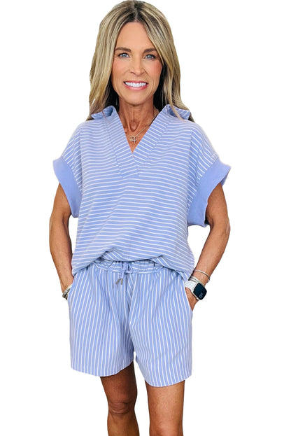 Purple Stripe Dolman Sleeve Polo Shirt and Drawstring Shorts Set