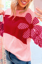 Pink Floral Colorblock Striped Sleeve Crinkle Waffle Patchwork Top