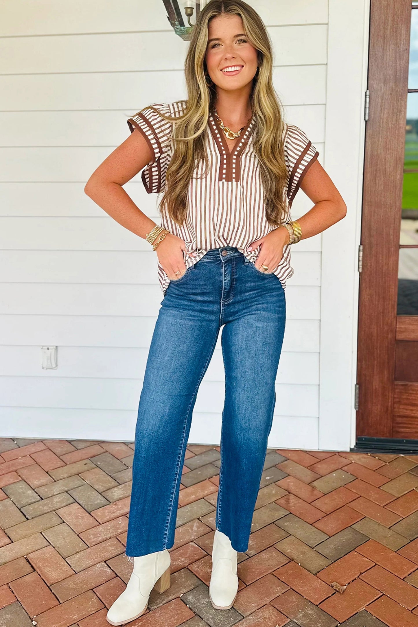 Black Stripe Double Ruffled Short Sleeve V Neck Blouse