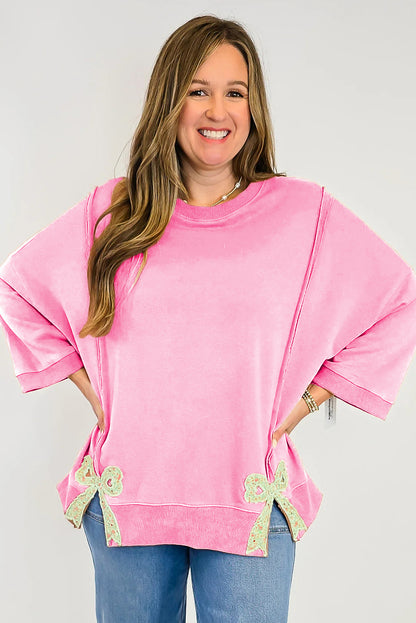 Fiery Red Floral Bow Patched Exposed Seam Patchwork Slit Baggy Sweatshirt