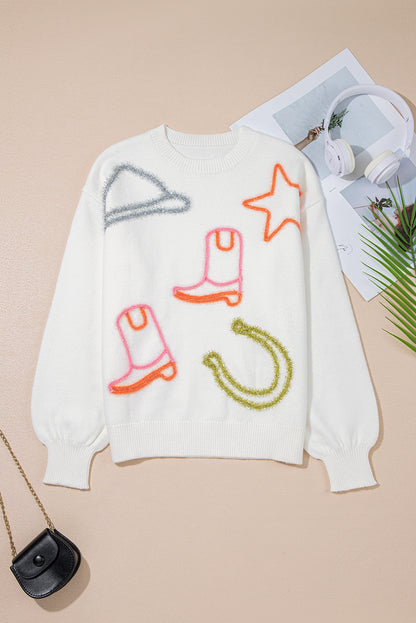 White Tinsel Boots Horseshoe Star Pattern Knit Sweater