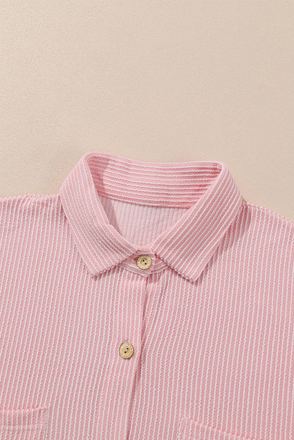 Pink Solid Color Textured Roll Tab Sleeve Shirt Shacket