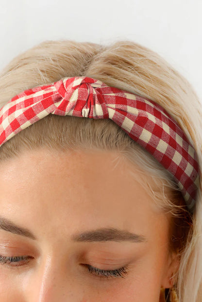 Fiery Red Classic Plaid Pattern Knotted Hairband