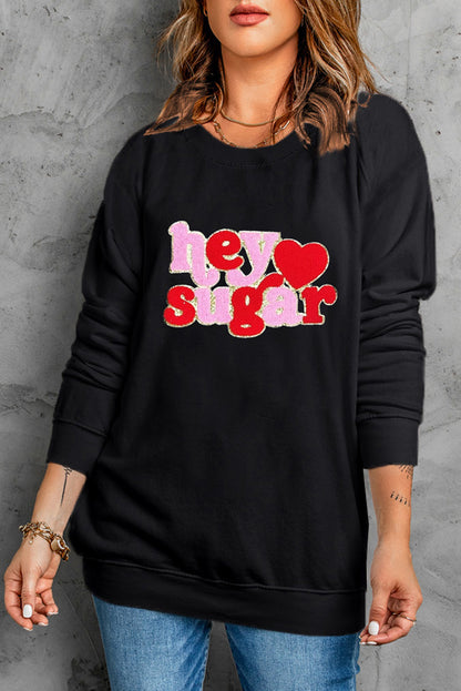 Black Chenille Heart hey sugar Patched Pattern Valentines Pullover Sweatshirt