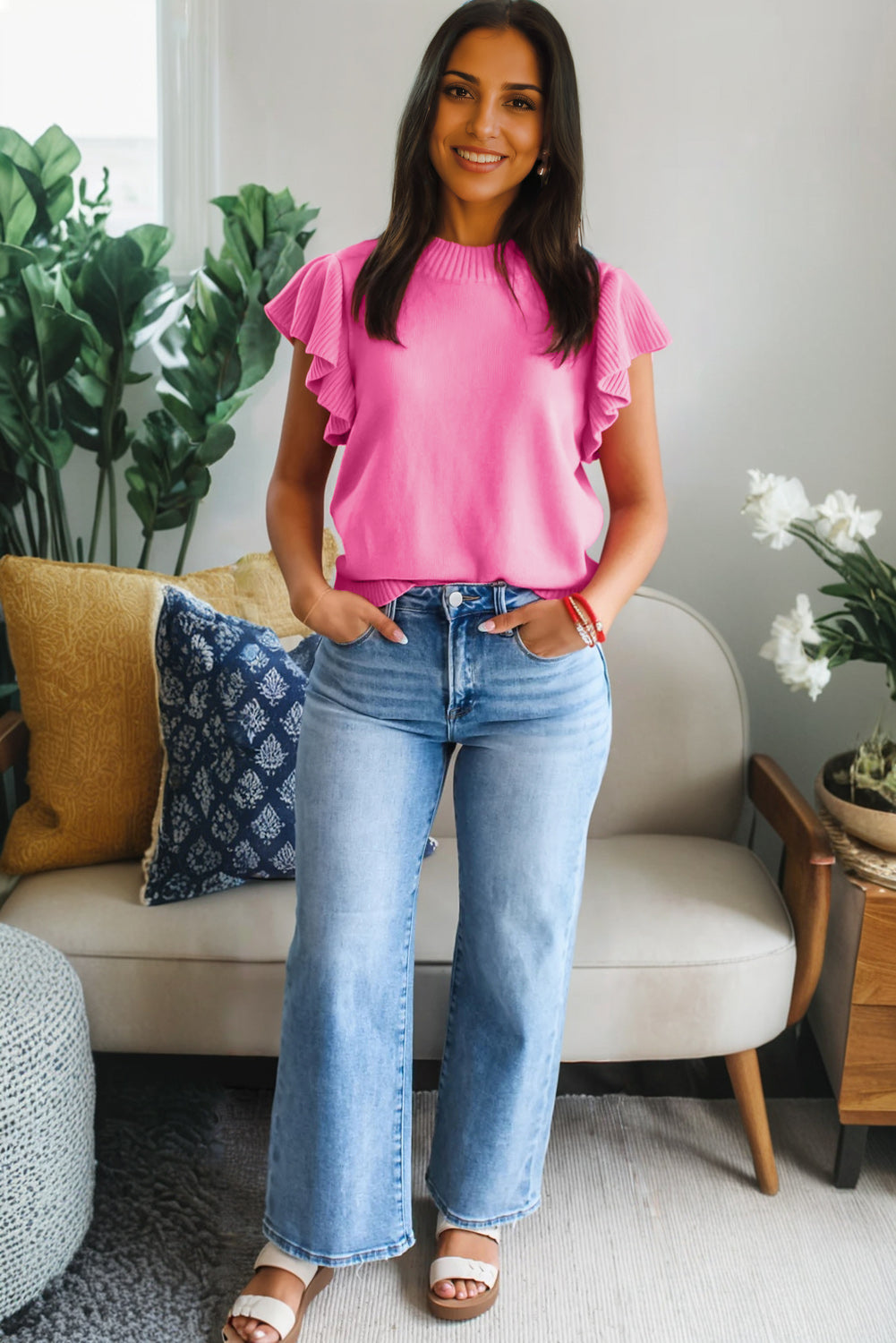 Bright Green Solid Color Ribbed Trim Round Neck Ruffle Short Sleeve Sweater