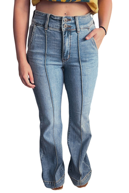 Dusk Blue Buttoned High Waist Piping Trim Flared Jeans
