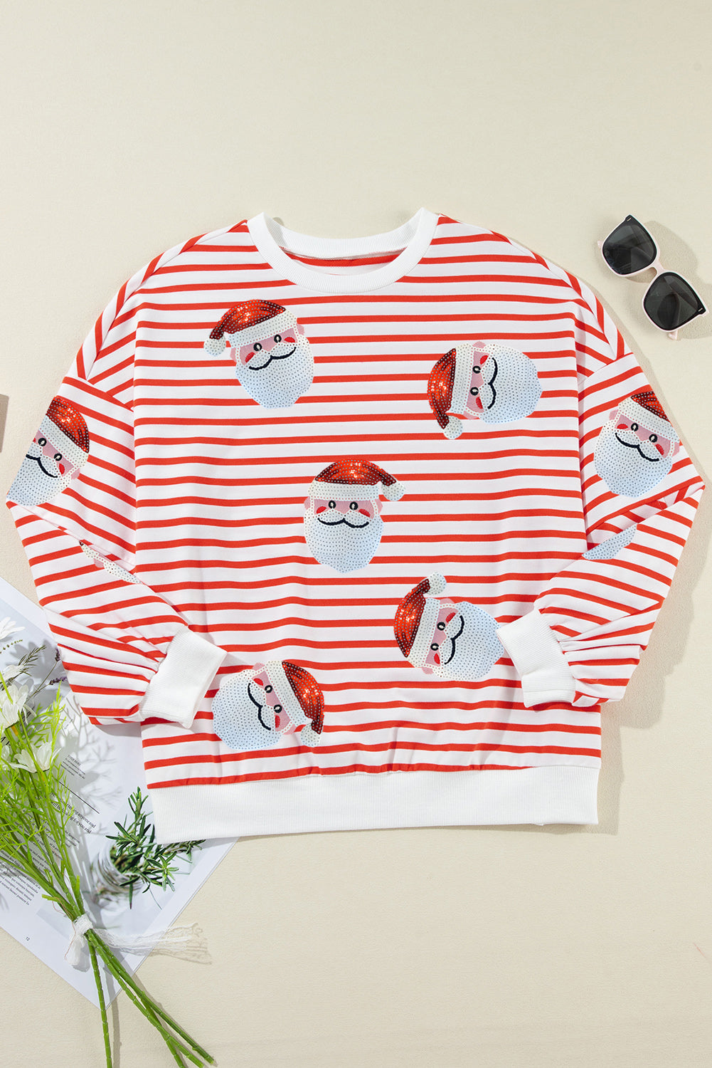 Orange Stripe Santa Claus Sequins Loose Fitting Sweatshirt