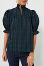 Green Checkered Puff Sleeve Frill Trim Blouse