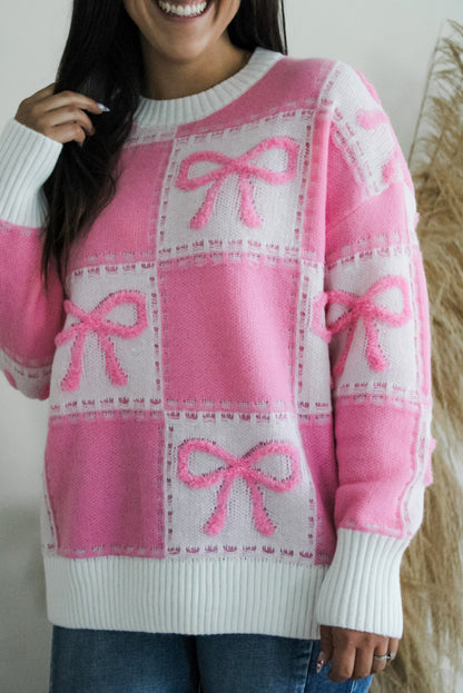 Pink Sweet Bow Two Tone Checkered Sweater