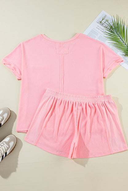 Pink Plus Size Waffle Knit Exposed Seam Tee and Shorts Set