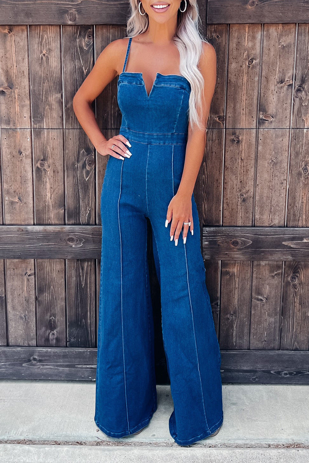 Blue Spaghetti Straps Notch V Denim Jumpsuit