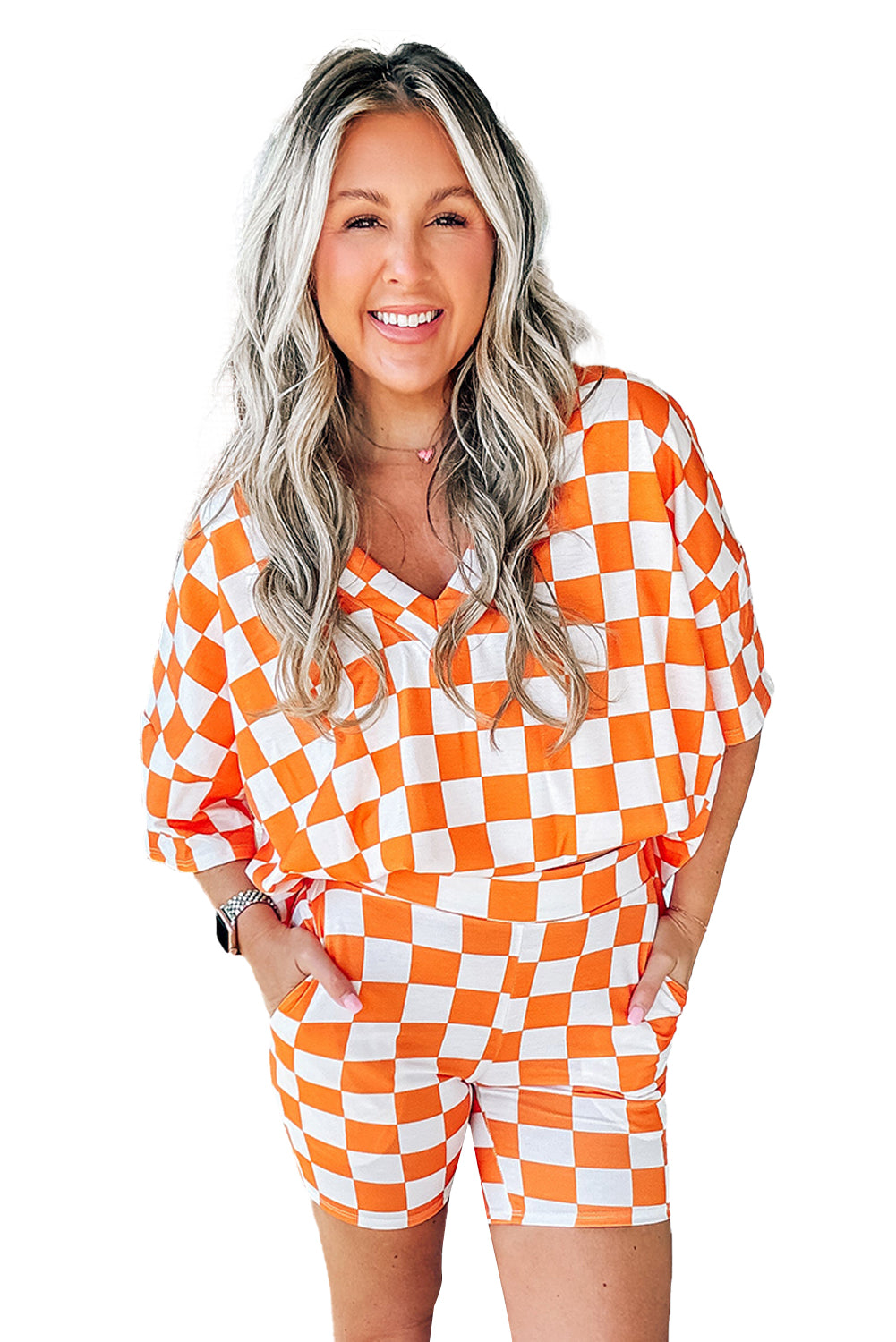 Orange Checkered Print V Neck Pocketed Pajama Set